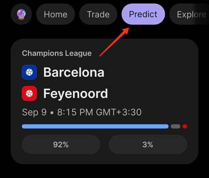 The image shows the “Predict” tab in Phantom, featuring a Champions League matchup between Barcelona and Feyenoord scheduled for Sep 9 at 8:15 PM GMT+3:30, with prediction percentages of 92% and 3% visible. It illustrates the first steps for placing a prediction bet to claim the $CASH reward.