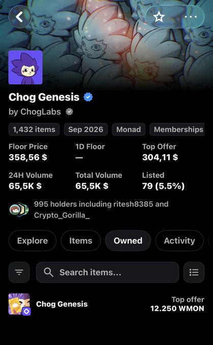 A screenshot of a digital marketplace page for 'Chog Genesis' by ChogLabs, showing a floor price of 358.56$, 1,432 items, and 995 holders.