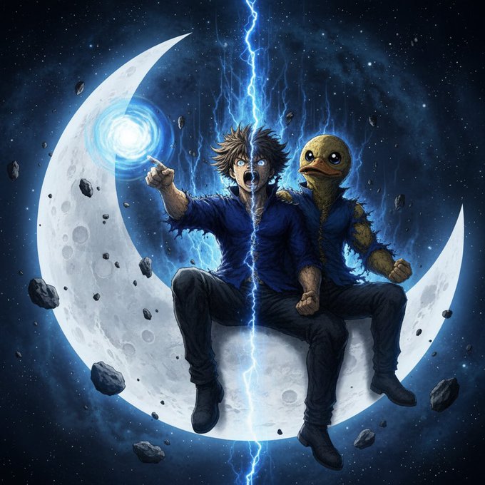 An anime-style digital illustration depicting a determined young man with messy hair and a sentient duck-like creature sitting together on a crescent moon, with a powerful beam of blue lightning splitting the starry cosmic background between them.