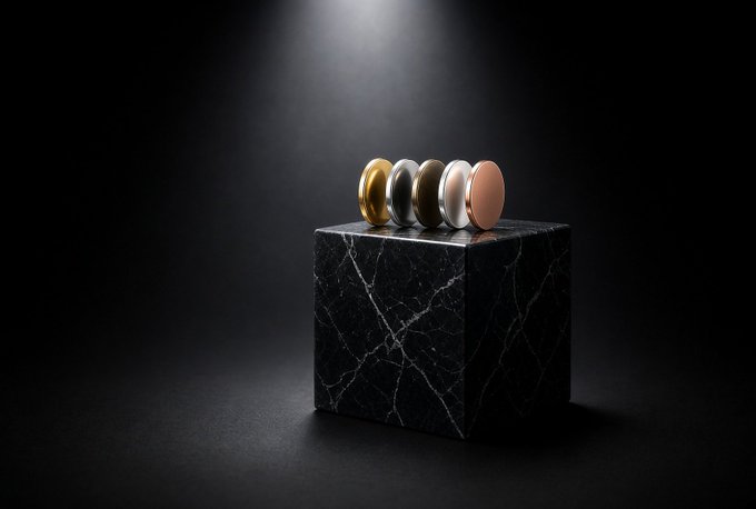 Five round cosmetic compacts in gold, black, and beige tones are displayed standing upright on a black marble block under a dramatic spotlight.