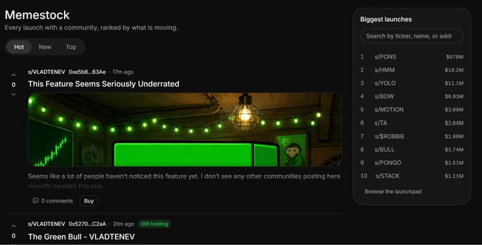 The image shows a "Memestock" webpage interface featuring a community-ranked list of launches, with the top post titled "This Feature Seems Seriously Underrated" by user s/VLADTENEV (Ox8b8...83ae, 17m ago), alongside a "Biggest launches" sidebar listing tickers like s/PONS ($678M), s/HMM ($15.2M), s/YOLO ($11.1M), and s/BOW ($6.93M). The accompanying text discusses meme-stock pairing trends on Robinhood chains, and the image supports this by displaying a meme-focused launchpad platform where community members highlight underappreciated trading pair features, directly illustrating the discussion about fresh twists in meme trading pairs on newer chains.