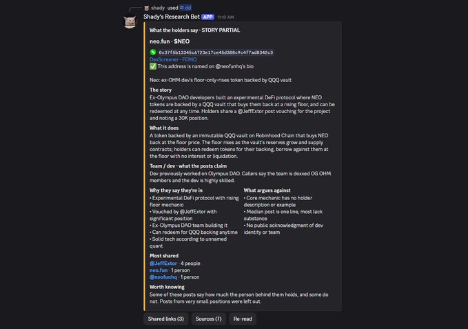 A Slack screenshot shows Shady's Research Bot ("shady used [bot]") presenting "STORY PARTIAL" on the NEO token, including contract address 0x37f6b33d45c3722e17cc4b538d9c4f7a8b342c3, market data citing a 30K floor and OGG vault redemption model, and sentiment analysis highlighting bullish arguments (ex-Olympus DAO team, jeffxstore leadership, QOG backing) alongside bearish arguments (post-auction OGG dumping, team claims of "doxxed" members being exaggerated). This directly illustrates the AI coin research bot mentioned in the accompanying post, which automates token story breakdowns like this NEO/NEOex•OHM analysis for crypto community use.