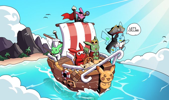 A crew of colorful cartoon pirate characters—including a red fox captain, green goblins, and a blue pirate—sail a ship with a speech bubble reading "LET'S COLLAB!", directly inviting collaboration contacts @PsyDiss and @Zz7_NFT as mentioned in the post about the KATCHU on RH NFT project.