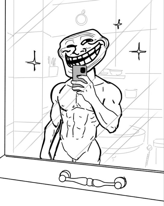 The image is a black-and-white line drawing of the Trollface meme character taking a mirror selfie in a bathroom, showing a muscular torso and a wide grinning face while holding up a smartphone. It relates to the post by depicting the iconic Trollface mascot associated with the $TROLL cryptocurrency token being discussed for its new listing on Crypto.com.