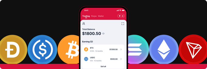 A smartphone displays a crypto trading wallet showing a total balance of $1800.50 with BTC ($1300.50) and USDC ($500.00) earning positions, surrounded by logos for Dogecoin, USDC, Bitcoin, Solana, Ethereum, and Tron, visually representing the various cryptocurrencies featured in the Fixed-term Rewards promotional offer.