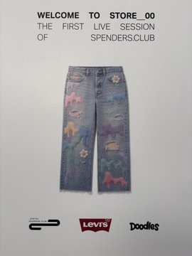 The image is a promotional poster announcing "WELCOME TO STORE_00: THE FIRST LIVE SESSION OF SPENDERSCLUB," featuring a pair of Levi's jeans decorated with colorful Doodles art. It promotes a Doodles X Levi's collaboration held at the "Dood-angeles @solana Summer House," aligning with the post's mention of the joint event between the two brands.