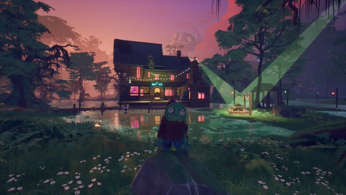 A pixelated Kevin avatar stands in a marshy forest at sunset, facing a cozy, neon-lit cabin with the glowing sign "Kevin's" above the door—matching the post announcing that Pixelmon Gen 1 NFT holders can now play as Kevin in Otherside.