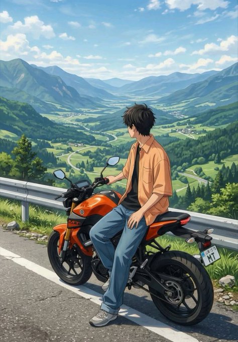 A young man sits on an orange Yamaha motorcycle at a scenic mountain overlook, gazing out at a vast green valley below. The image embodies the post's message of "starting rough" by capturing a moment of pause and reflection at the beginning of a journey, with the expansive landscape ahead symbolizing the "strong finish" yet to come.
