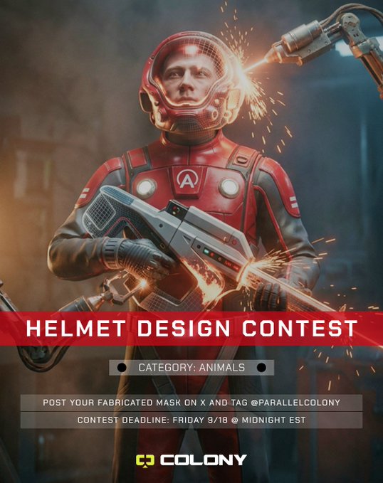 A sci-fi promotional poster for a 'HELMET DESIGN CONTEST' by Colony, featuring a figure in red armor with a retro-style helmet, in the 'ANIMALS' category with a deadline of Friday 9/18.