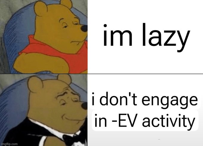 This meme, "im lazy" vs. "i don't engage in -EV activity," humorously relates to the post about dango shutting down despite being ranked 53rd out of nearly 200 DEXs on DefiLlama, implying that many of these ranked DEXs are merely engaged in "point farming" or negative expected value (-EV) activities.