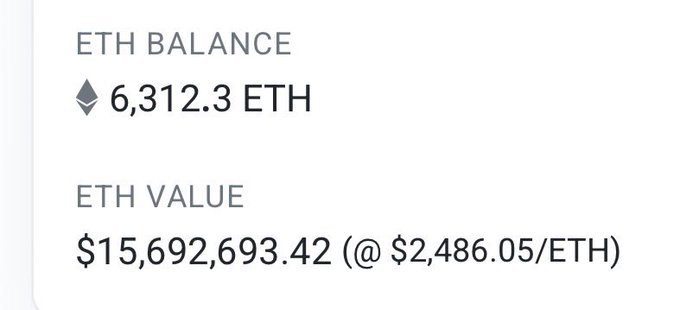 A screenshot of a cryptocurrency wallet showing an 'ETH BALANCE' of 6,312.3 ETH and an 'ETH VALUE' of $15,692,693.42 (@ $2,486.05/ETH).