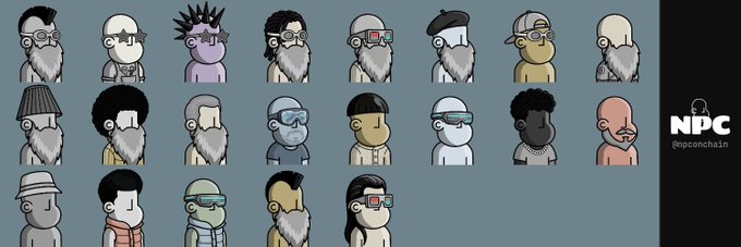 A grid of NPC (NFT) character avatars labeled 'NPC @npconchain' featuring various stylized figures with different hairstyles, glasses, and outfits.