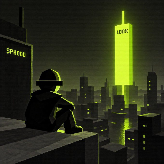 A stylized digital illustration showing a silhouetted figure sitting on a rooftop overlooking a neon green-lit cityscape, with a glowing tower displaying '100X' and a building marked '$PHOOD'.