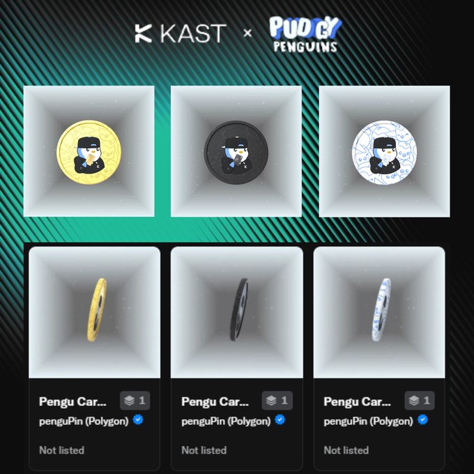 A promotional graphic from the KAST x Pudgy Penguins collaboration showcases three "penguPin (Polygon)" Soulbound Tokens (SBTs)—Gold, Black, and Standard—displayed in individual collectible slots with a "Not listed" status, celebrating the collection of all three SBT variants from the partnership.