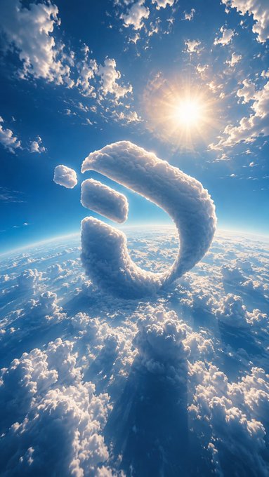 An aerial view of clouds and sky with a sun shining brightly, where the clouds form a 3D question mark shape above the horizon.