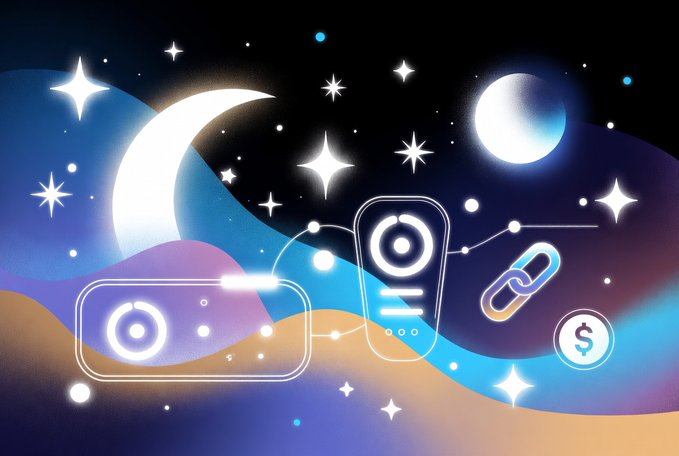 An illustration of a dreamlike night sky filled with stars, crescent moons, and colorful nebulae, featuring glowing icons of a sleep tracker, device, link, and a dollar sign symbol, tying into the idea of earning cryptocurrency rewards (like $SLEEPL tokens) for healthy sleep habits through the Sleepagotchi app.