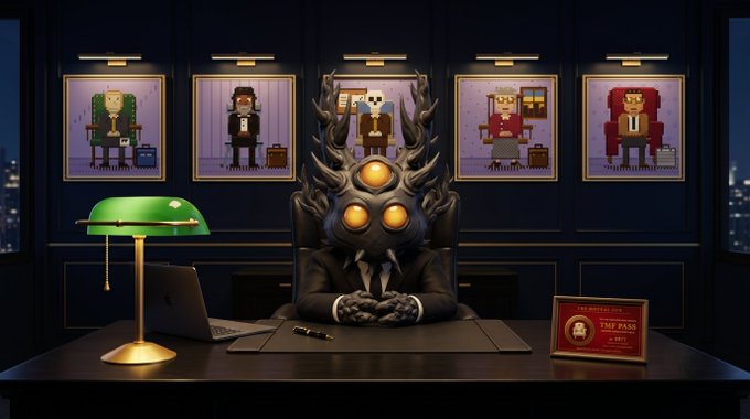 A horned, three-eyed figure in a suit sits at an executive desk beneath five pixel-art portraits, accompanied by a green banker's lamp, a laptop, a pen, and a red "THE PASS" card. The scene evokes a corporate "boss" or authority figure offering a limited-time deal, matching the post's urgency to exchange Dengs for a TMF Pass within 24 hours.