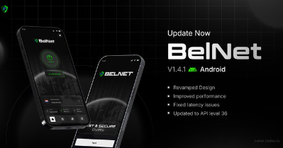 A promotional graphic for the BelNet app update v1.4.1 for Android, featuring images of two smartphones displaying the app interface and listing features like 'Revamped Design', 'Improved performance', 'Fixed latency issues', and 'Updated to API level 35'.