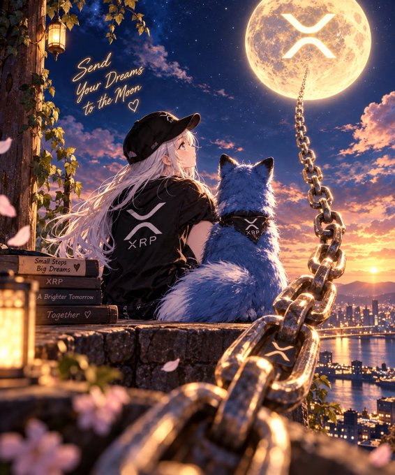 An anime character and a blue fox companion sit beneath a glowing XRP-branded moon, tethered by a massive golden chain adorned with the XRP logo, accompanied by the text "Send Your Dreams to the Moon" and book titles "Small Steps, Big Dreams," "XRP," "A Brighter Tomorrow," and "Together." The image visually reinforces the post's theme of XRP's bullish "to the moon" sentiment, symbolizing an unbreakable, moon-bound connection for the cryptocurrency.