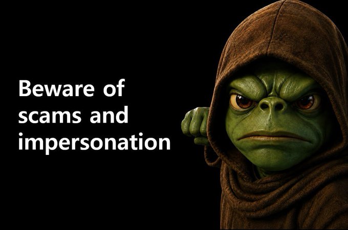 A green-skinned, hooded creature glares suspiciously against a black background, paired with the warning text "Beware of scams and impersonation" to visually reinforce the message about fraudulent accounts impersonating APEPE affiliates.