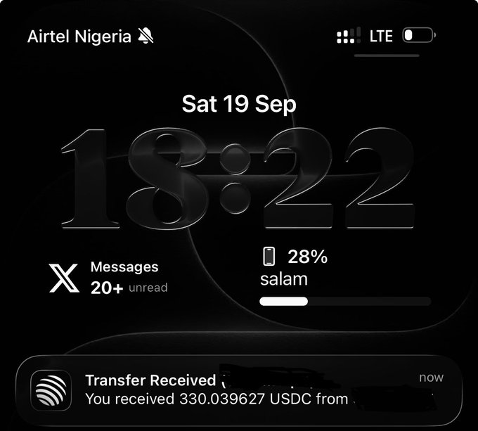 A lockscreen on Airtel Nigeria displaying "Sat 19 Sep, 18:22" with 28% battery, 20+ unread messages, and a notification showing a USDC transfer of 330.039627 received. The image supports the post's claim of "making 3 figs everyday since Sep started" by showing a daily crypto earnings notification in the $300 range.