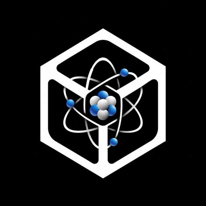 An atom with a nucleus of blue and white spheres surrounded by orbiting electrons, enclosed within a white hexagonal border on a black background.