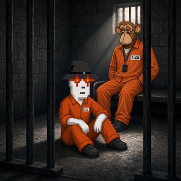 A pixel art illustration showing two characters in orange prison jumpsuits behind bars, one being a monkey wearing 'ALCN' and the other a stylized character with a hat and red eyes.