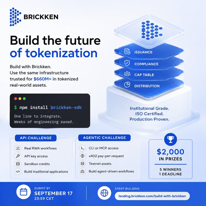 A promotional poster for Brickken titled "Build the future of tokenization" with details about API and Agentic challenges, $2,000 in prizes, and a submission deadline of September 17.