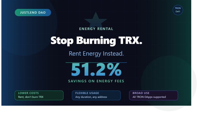 The image presents an advertisement promoting energy rental services with a blue background. The text on the poster states that if someone were to rent TRX, they could save 51% of the energy fees instead of burning TRX. The poster further explains that energy rental is a more flexible and cost-effective alternative for TRX users. It suggests that most TRON users don't realize they're paying full price for something like TRX, which is currently being charged at half the cost. This message is relevant to the post because it focuses on energy conservation and provides an alternative option for consumers using TRON.
