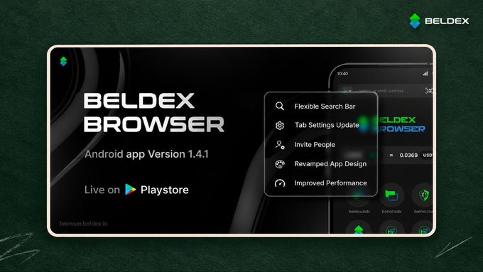 A promotional graphic for 'BELDEX BROWSER' Android app Version 1.4.1 lists features including Flexible Search Bar, Tab Settings Update, Invite People, Revamped App Design, and Improved Performance.