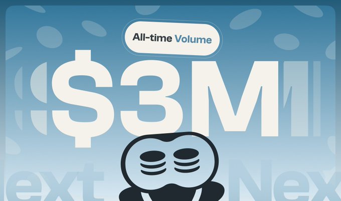 A NextDao-style graphic showing 'All-time Volume $3M' with a blue mascot character.