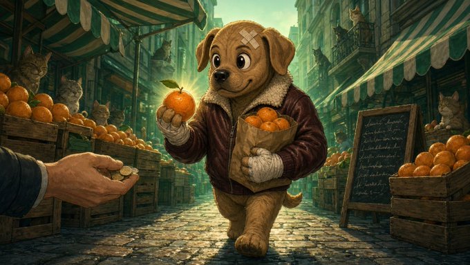 An illustrated scene of an anthropomorphic puppy wearing a brown jacket and bandages, holding an orange and a paper bag of fruit at a bustling street market.