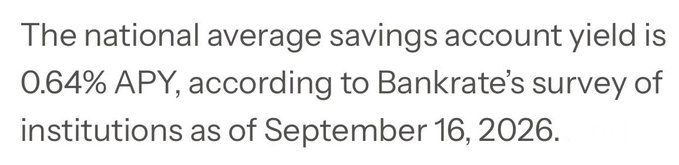 A text excerpt stating: "The national average savings account yield is 0.64% APY, according to Bankrate's survey of institutions as of September 16, 2026."