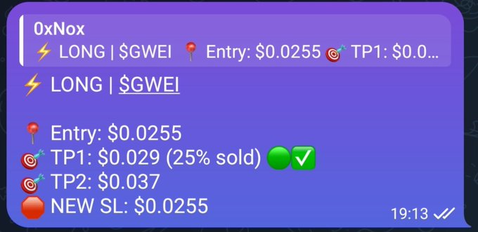 A cryptocurrency trading signal from "0xNox" showing a LONG position on $GWEI with an entry at $0.0255, TP1 hit at $0.029 (25% sold), TP2 at $0.037, and a new stop loss at $0.0255. The image illustrates the trader's take-profit strategy, showing that TP1 was successfully executed before the token's sharp drop from $0.036 back to $0.022, allowing them to close the position in profit.