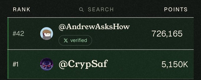 A ranking leaderboard displays two Twitter users, with @AndrewAsksHow ranked #42 with 726,165 points (verified account) and @CrypSaf ranked #1 with 5,150K points, suggesting a competitive vouching/slashing system where the top-ranked user likely has significant clout or stakes within the community being discussed.