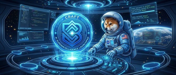 A digital illustration of a Shiba Inu dog wearing an astronaut suit in a spacecraft, standing next to a glowing blue holographic logo that reads 'CRAFT' with 'VLLAGE INTELLIGENCE LAUNCHPAD' around its edge.