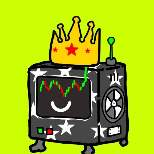 A hand-drawn cartoon NFT character depicts a smiling black TV/radio with star decals, green and red equalizer eyes, and a golden crown on a bright green background. The crowned mining rig illustration captures the "king" theme of the RH Miner NFT collection, symbolizing royalty and digital mining rewards.