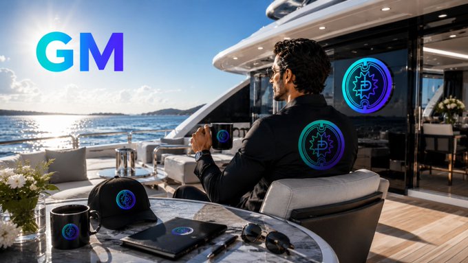 A man relaxes on a yacht holding a mug with a 'GM' logo, surrounded by branded merchandise featuring circular emblems, with 'GM' displayed in the sky.