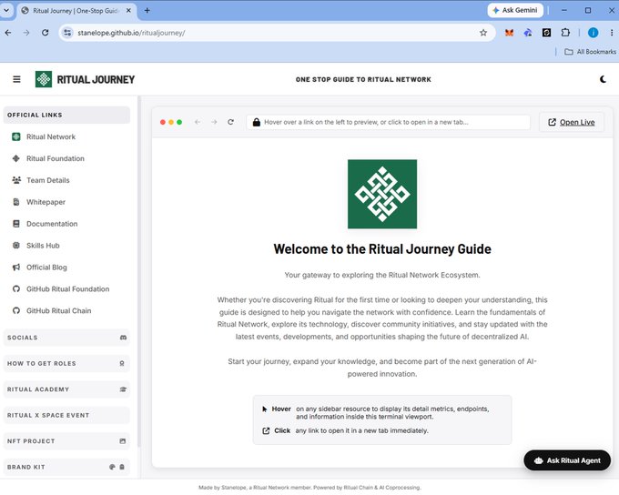 The image shows an overview of a website called "ritualnet journey". It displays the welcome page for a new user who wants to learn more about the Ritual Network, AI x Web3, roles, testnet guides, ecosystem links, events, and whatnot. The navigation menu on the bottom part of the screen is labeled with different sections like "One Step Guide", "Testnet Guides", "Ritual Science", and "What's New". These pages provide essential information for users who are new to this world or looking to expand their knowledge in the area of the Ritual Network, AI x Web3, roles, testnet guides, ecosystem links, events, and more.