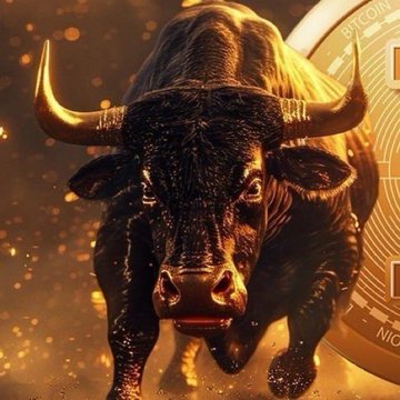 A powerful charging bull with glowing golden horns and hooves roars forward against a backdrop of a Bitcoin coin, symbolizing the bullish momentum in crypto markets as eToro earns recognition on CNBC's Top Fintech list.