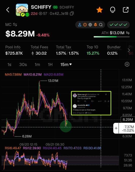 A cryptocurrency analytics screen for the token $SCHIFFY showing a market cap of $8.29M, a 15-minute price chart, and a highlighted tweet from 'tforce.one' discussing a '6h breakout, loaded bot'.