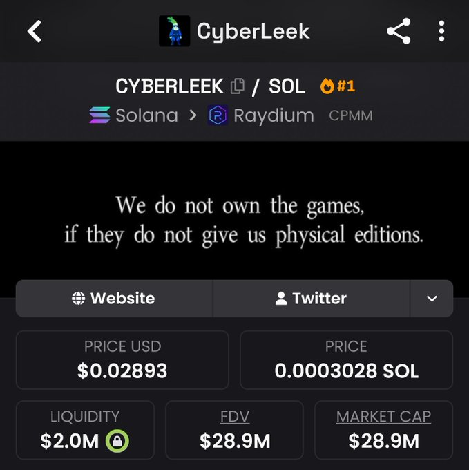 A cryptocurrency tracking screen showing 'CyberLeek' token (CYBERLEEK/SOL) on the Solana blockchain via Raydium, with a price of $0.02893, market cap of $28.9M, and the message 'We do not own the games, if they do not give us physical editions.'