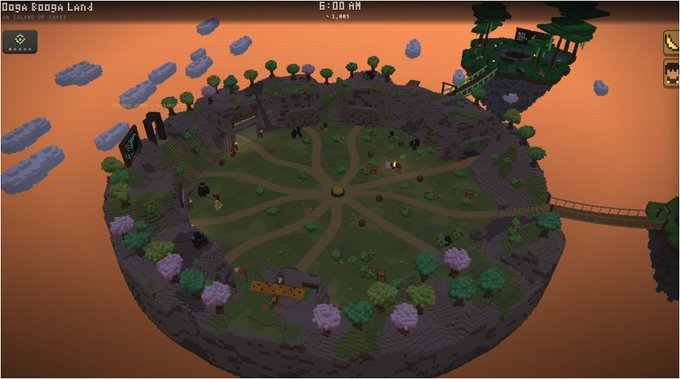A voxel-style video game scene titled 'Doga Booga Land' showing a circular floating island with trees, paths, and structures at 6:00 AM.