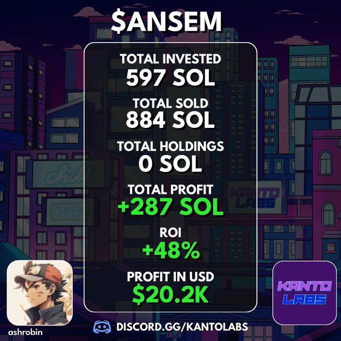 An image showing a trading performance summary for $ANSEM, with a pixel art cityscape background and an avatar of Ashrobin. Key stats include 597 SOL invested, 884 SOL sold, 0 SOL holdings, +287 SOL profit (48% ROI), and $20.2K in USD profit, promoting Kanto Labs' Discord channel.