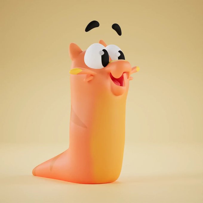 A 3D-rendered cartoonish orange slug-like character with big googly eyes and an open smile against a beige background.
