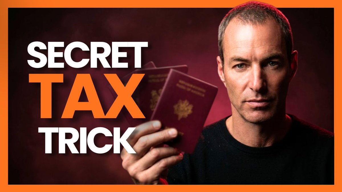 Thumbnail-style image with bold text 'SECRET TAX TRICK' featuring a man holding multiple passports against a dark red background.