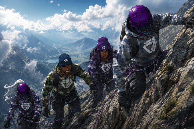 Four climbers wearing matching hoodies and helmets with a white geometric logo ascend a steep mountain cliff against a backdrop of clouds and distant peaks.