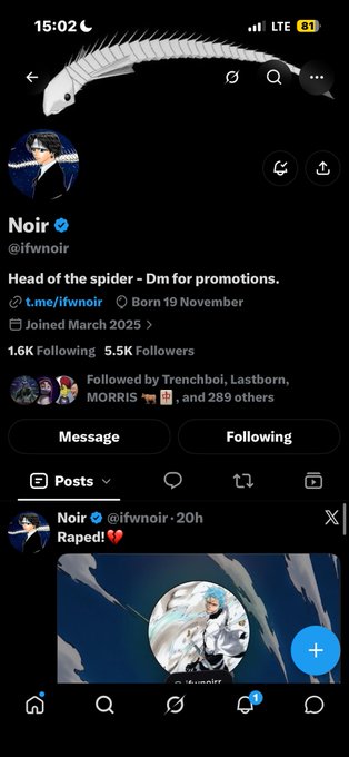A social media profile page for 'Noir' (@ifwnoir), describing themselves as 'Head of the spider - Dm for promotions,' followed by Trenchboi, Lastborn, MORRIS, and others.