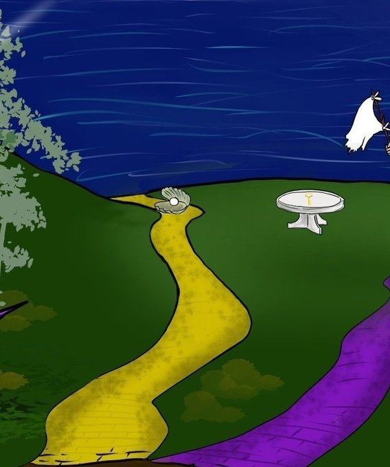 A yellow brick road winds through a green landscape toward a white pedestal, where a small diamond-shaped jewel rests near a flying white figure in a starry night sky—illustrating the post's metaphor about an underutilized asset gaining value through artificial scarcity on an otherwise purposeless path.