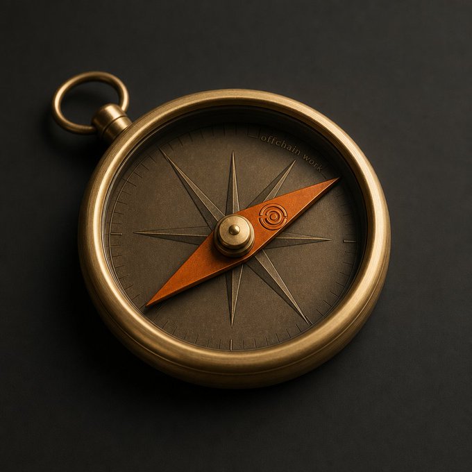 The image features a gold compass with an orange needle, which is pointing towards the North Pole. The compass has a black background that contrasts with its golden color. Below the compass, there's text that reads "Gm. Brevis shows you the way". This phrase seems to be related to the compass and its purpose of helping people navigate their way in unknown territory or during outdoor activities.

The image is quite detailed, with a close-up view of the compass needle and the background. The golden color of the compass contrasts nicely against the black background, making it stand out prominently.